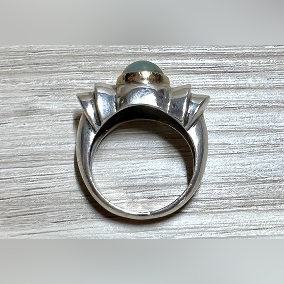 Vintage Designer Hallmarked Sterling Silver & Gold Bezel Set Jade Ring, Size 6 - Picture 6 of 11